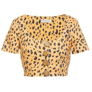 Revolve Nicholas Linen Blend Leopard Cheetah Print Wooden Button Crop Top Size 6